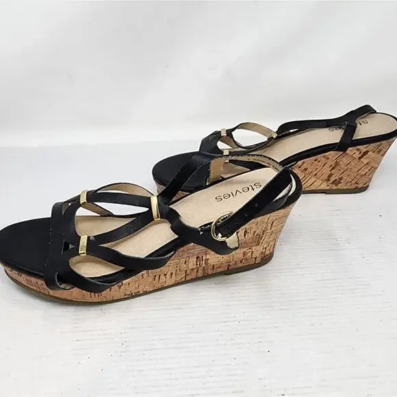 Stevies Black Cork Wedge Sandals Strappy Low Platform Wedge Women's Gift Size 4 - Picture 4 of 8